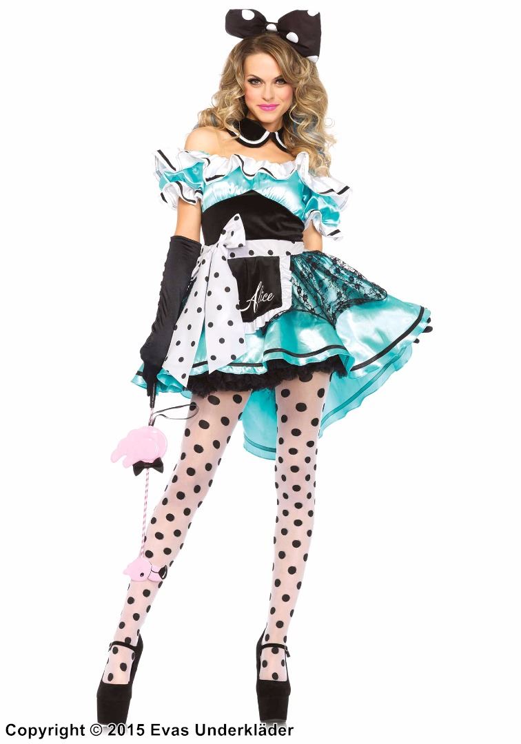 Alice in Wonderland, costume dress, ruffles, big bow, off shoulder